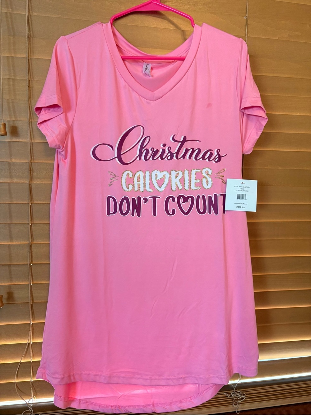 French Affair NWT Women Pink 'Christmas Calories Don't Count' V-Neck Nightshirt.
